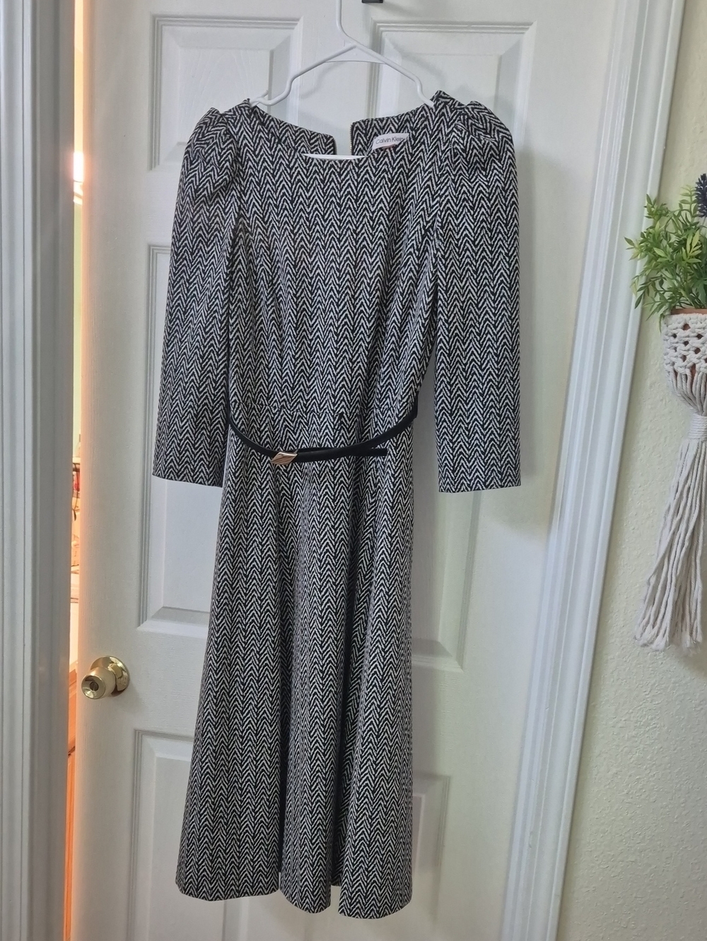 Calvin Klein Black & White Chevron Midi Dress